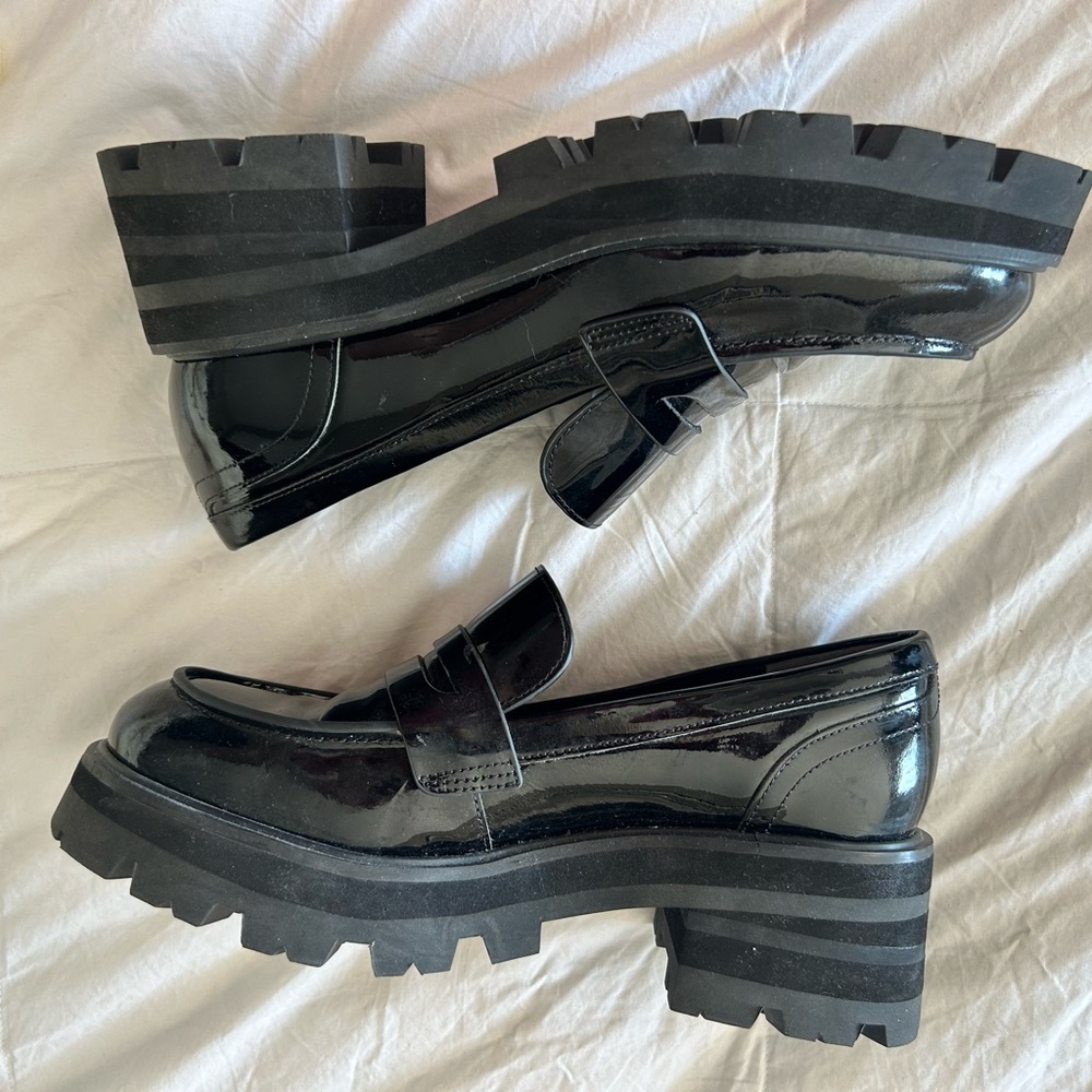 Black Patent Leather Chunky Loafers for Women 7